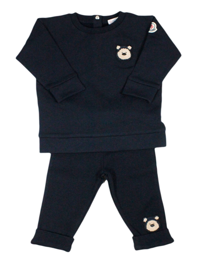 Shop Moncler Set Consisting Of A Crewneck Sweatshirt With Back Buttons And Stretch Cotton Trousers And Front Logo In Blu