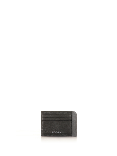 Shop Hogan Leather Card Holder With Logo In Nero Piombo