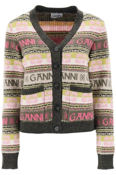 Shop Ganni Jacquard Logo Motif Cardigan In Multicolor