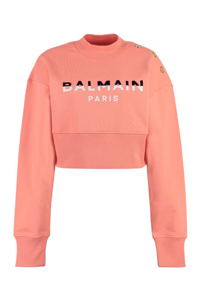 Shop Balmain Logo Flocked Crewneck Cropped Sweatshirt In Orange