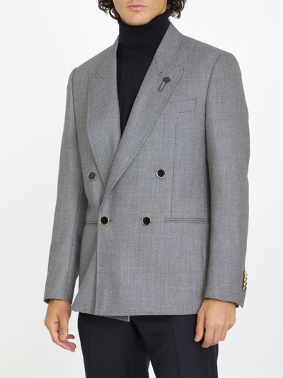 Lardini Double-breasted Jacket In Wool Silk And Linen In White