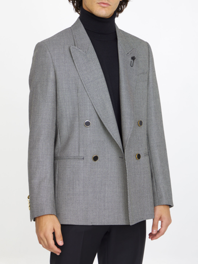 Lardini Double-breasted Jacket In Wool Silk And Linen In White