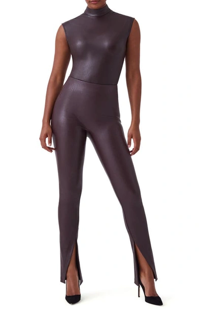 Shop Spanx Faux Leather Front Slit Leggings In Cherry Chocolate