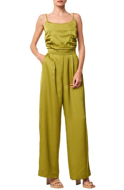 Shop Ciebon Cecilie Pleated Satin Cami Jumpsuit In Chartreuse