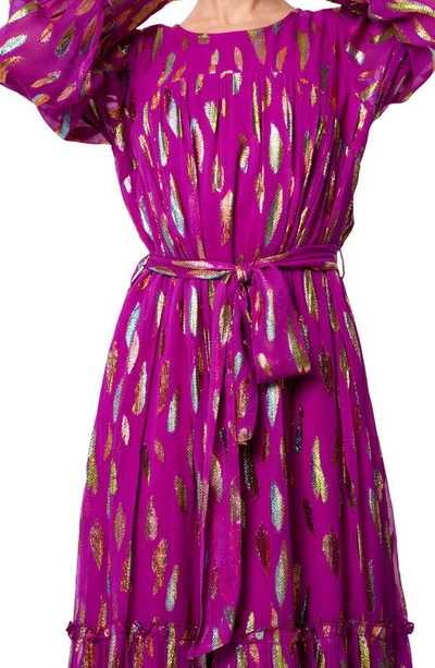 Shop Ciebon Eryn Metallic Print Tie Waist Long Sleeve Maxi Dress In Magenta