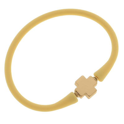 Shop Canvas Style Bali 24k Gold Plated Cross Bead Silicone Bracelet In Canary Yellow