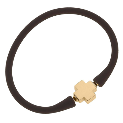 Shop Canvas Style Bali 24k Gold Plated Cross Bead Silicone Bracelet In Chocolate In Brown
