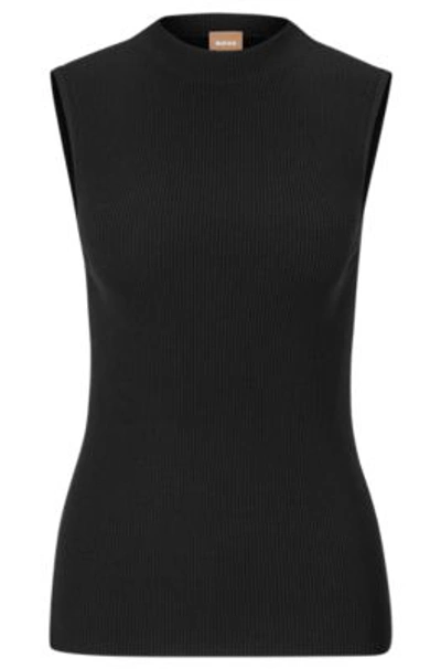 Shop Hugo Boss Sleeveless Mock-neck Top With Ribbed Structure In Black