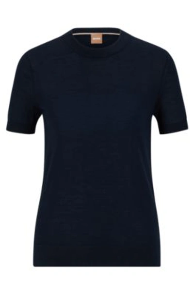 Shop Hugo Boss Short-sleeved Sweater In Merino Wool In Dark Blue