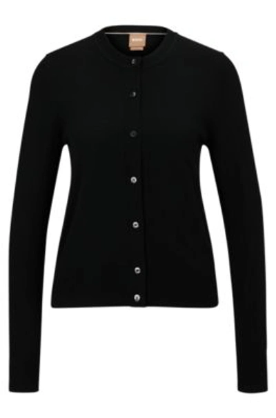 Shop Hugo Boss Crew-neck Cardigan In Merino Wool In Black