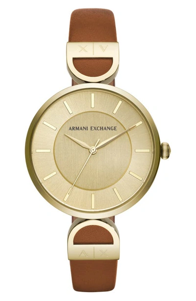 Shop Ax Armani Exchange 3-hand Leather Strap Watch, 38mm In Gold