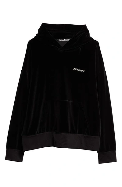 Shop Palm Angels Embroidered Logo Velvet Hoodie In Black White