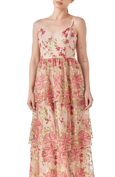 Shop Endless Rose Floral Embroidered Tiered Maxi Dress In Pink