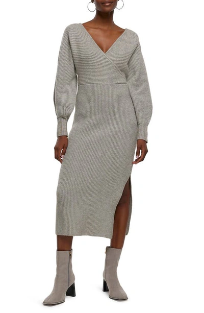 Shop River Island Daylight Long Sleeve Faux Wrap Sweater Dress In Grey