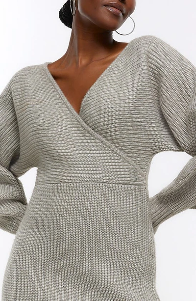 Shop River Island Daylight Long Sleeve Faux Wrap Sweater Dress In Grey