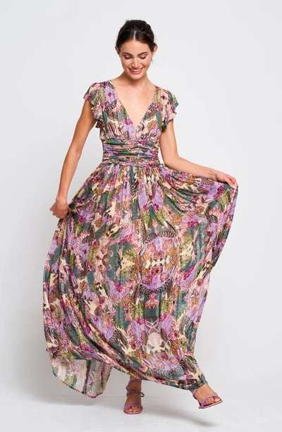 Shop Ciebon Jennsen Ruched Flutter Sleeve Maxi Dress In Purple