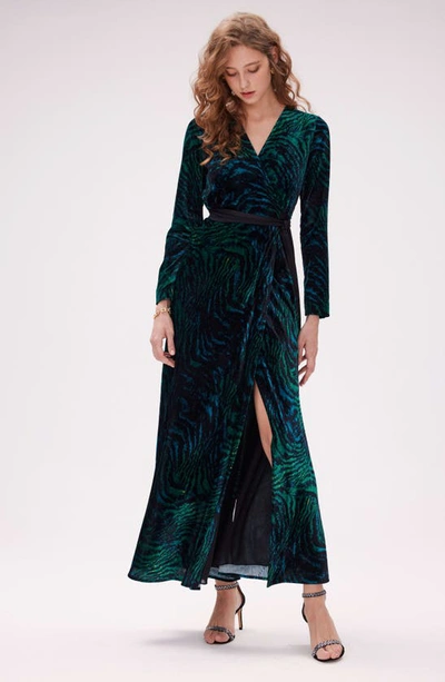 Shop Diane Von Furstenberg Jareth Tiger Print Long Sleeve Velvet Wrap Maxi Dress In Moire Tiger
