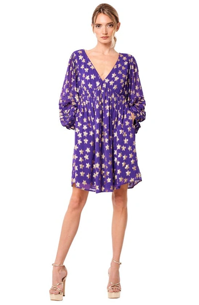 Shop Ciebon Sallie Metallic Star Print Long Sleeve Minidress In Purple