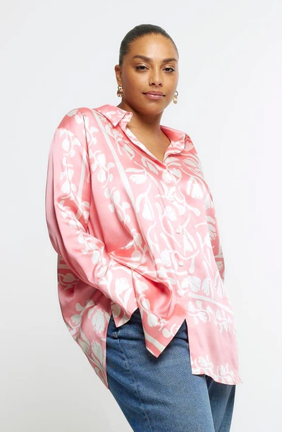 Shop River Island Oversize Vine Print Satin Button-up Shirt In Coral
