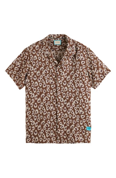 Shop Scotch & Soda Trim Fit Abstract Floral Short Sleeve Button-up Shirt In 6468-taupe Animal