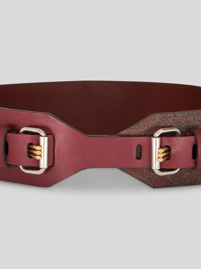 Shop Etro Leather Belt With Three Prongs And Logo In Burgundy