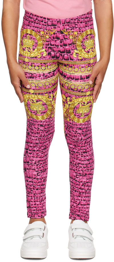 Shop Versace Kids Pink Barocco Leggings In Waterlily+black+gold