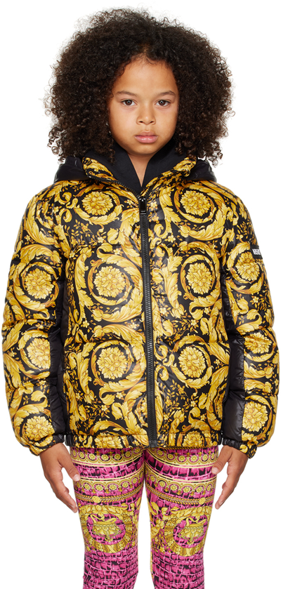 Shop Versace Kids Black & Yellow Barocco Down Jacket In 2b130-black+gold