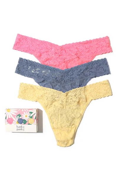 Shop Hanky Panky Assorted 3-pack Lace Original Rise Thongs In Peach Fizz/chambray/buttercup
