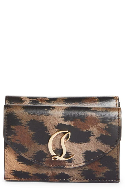 Shop Christian Louboutin Loubi54 Leopard Print Leather Compact Trifold Wallet In Brown/ Gold