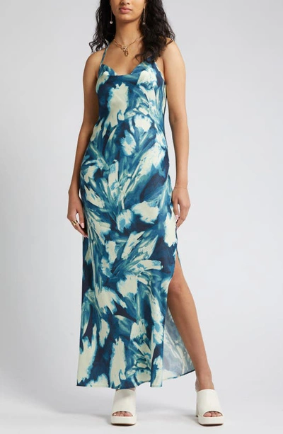 Shop Open Edit Cowl Back Satin Nightgown In Blue Painterly Abstract Floral