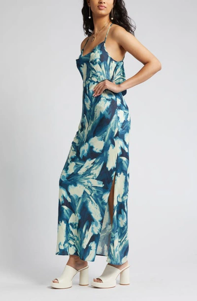 Shop Open Edit Cowl Back Satin Nightgown In Blue Painterly Abstract Floral