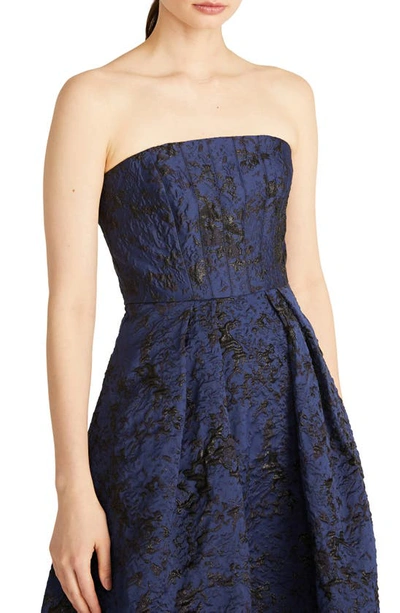 Shop ml Monique Lhuillier Isabel Metallic Jacquard Strapless Midi Fit & Flare Dress In Midnight Multi
