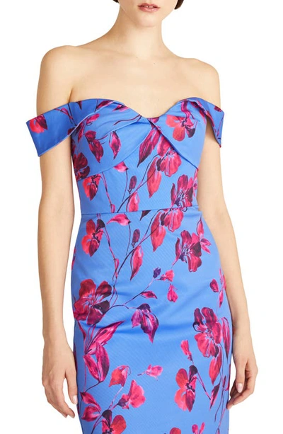 Shop ml Monique Lhuillier Olivia Floral Off The Shoulder Faille Midi Dress In Crawling Rose