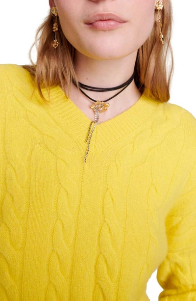 Shop Maje Cable Knit Cashmere Blend V-neck Sweater In Yellow