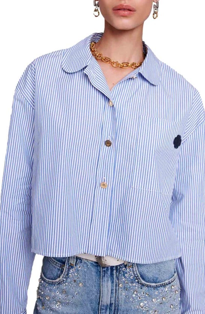 Shop Maje Cimia Clover Patch Stripe Crop Cotton Button-up Shirt In Blue