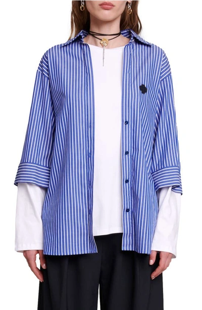 Shop Maje Liago Clover Patch Stripe Oversize Cotton Button-up Shirt In Blue