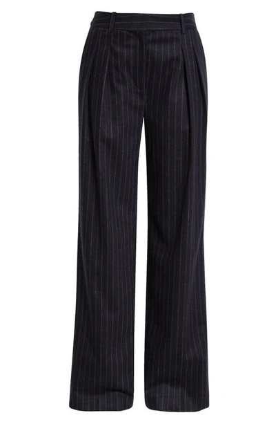 Shop Loulou Studio Amoya Pinstripe Stretch Wool & Cashmere Wide Leg Pants In Navy Stripes