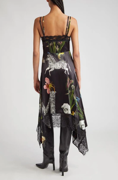 Shop Monse Floral Print Lace Trim Handkerchief Hem Silk Satin Dress In Black Print