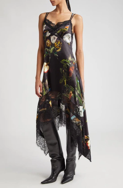 Shop Monse Floral Print Lace Trim Handkerchief Hem Silk Satin Dress In Black Print