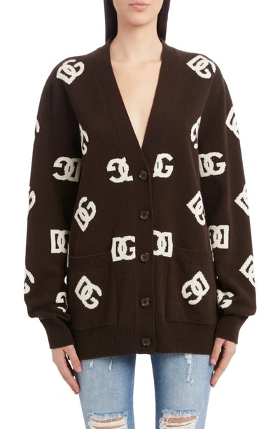 Shop Dolce & Gabbana Dg Logo Virgin Wool Cardigan In Brown Inlay