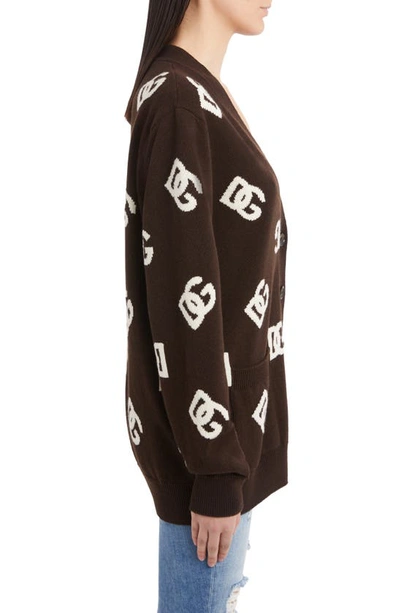 Shop Dolce & Gabbana Dg Logo Virgin Wool Cardigan In Brown Inlay