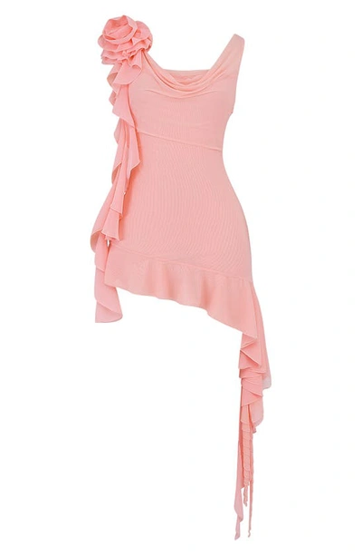 House Of Cb Charla Asymmetric Ruffle Detail Mesh Minidress In Apricot