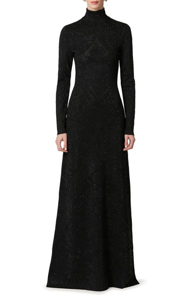 Shop Carolina Herrera Metallic Embroidered Floral Long Sleeve Knit Gown In Black