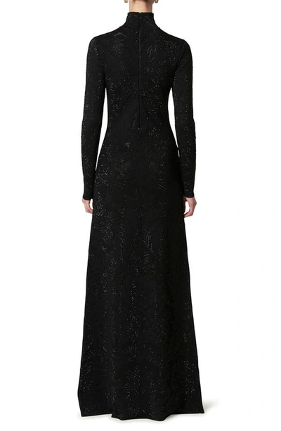 Shop Carolina Herrera Metallic Embroidered Floral Long Sleeve Knit Gown In Black