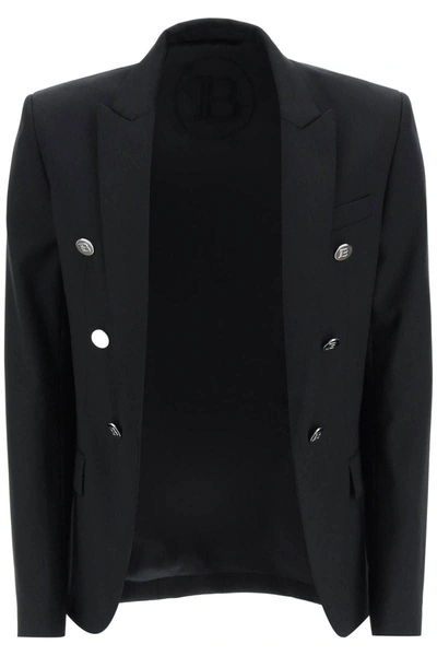 Shop Balmain Six Button Slim Wool Jacket In Black