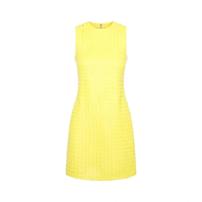 Shop Bottega Veneta Intrecciato Leather Dress In Yellow &amp; Orange