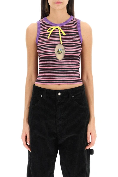 Shop Cormio 'gloria' Striped Knit Cropped Top With Bee Oblò Detail In Multicolor