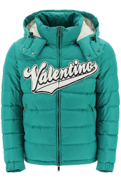 Shop Valentino Short Down Jacket With Logo Patch In Green