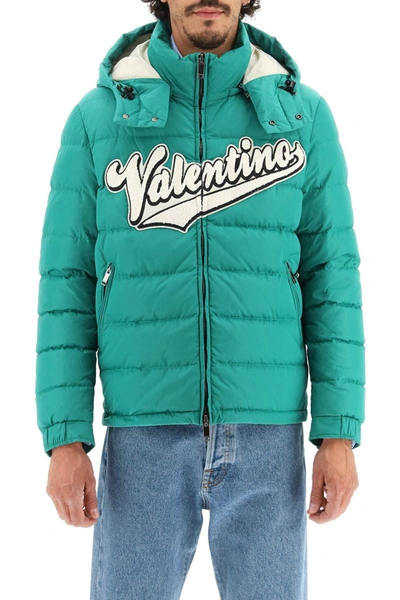 Shop Valentino Short Down Jacket With Logo Patch In Green