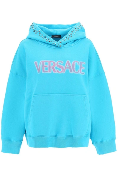 Shop Versace Hoodie With Studs In Blue